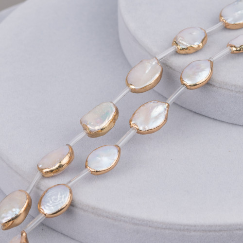 Perline A Filo Di Perle Di Fiume Bordato Oro Ovale 10-14mm 11pz
