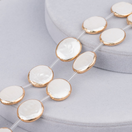 Perline A Filo Di Perle Di Maiorca Bordato Oro Ovale Piatto 18x20mm 10pz Bianco