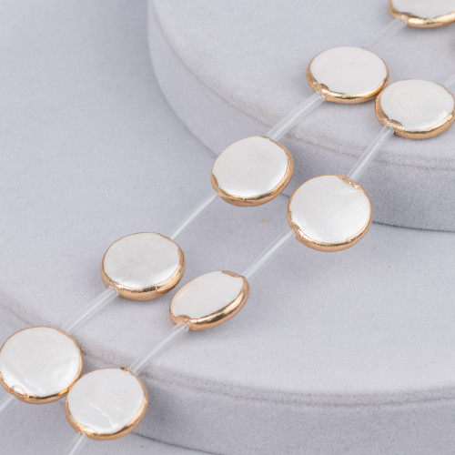 Perline A Filo Di Perle Di Maiorca Bordato Oro Tondo Piatto Liscio 18mm 10pz Bianco