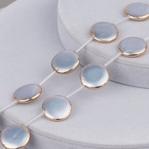 Mallorquinische Perlenstränge, Goldrand, rund, flach, glatt, 20 mm, 9 Stück, Grau