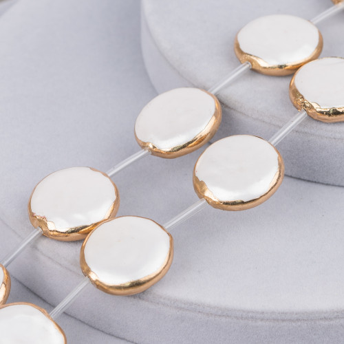 Cuentas de hilo de perlas mallorquinas con bordes dorados, redondas, planas y lisas, 25 mm, 8 piezas