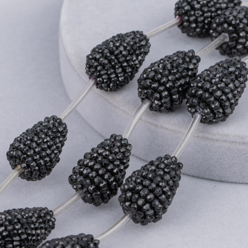 Black Spinel Blackberry Drop Faceted Indian Machine Cut Strand Beads 15x20mm 4 τμχ