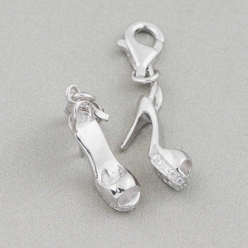 Pendant Charms Of 925 Silver Shoe With Plateau And Zircons With Carabiner 12x30mm 4pcs