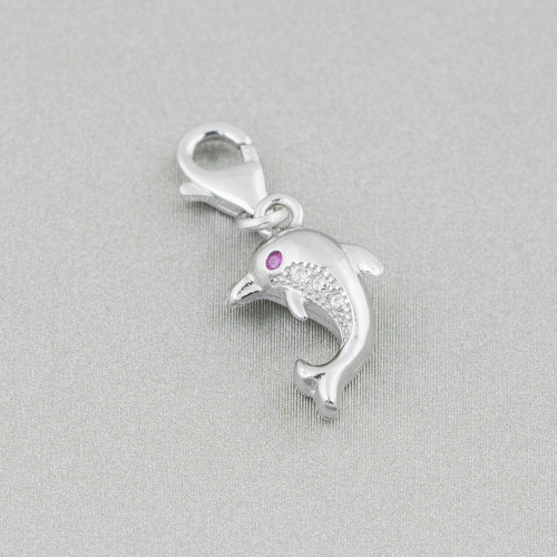 Pendant Of 925 Silver With Carabiner And Zircons 12x20mm 3pcs Dolphins