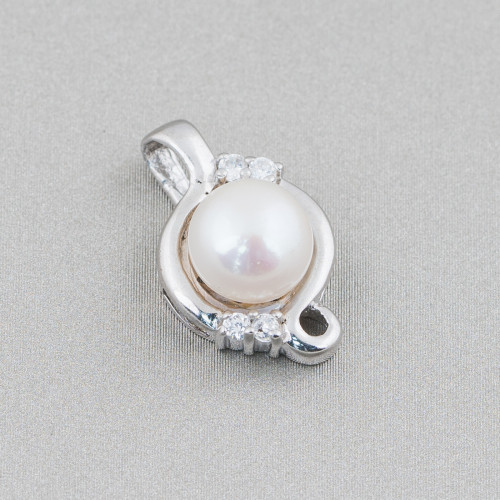 Ciondolo Pendente Di Argento 925 Con Perle Di Fiume E Zirconi Incastonati 11x18mm 1pz Bianco