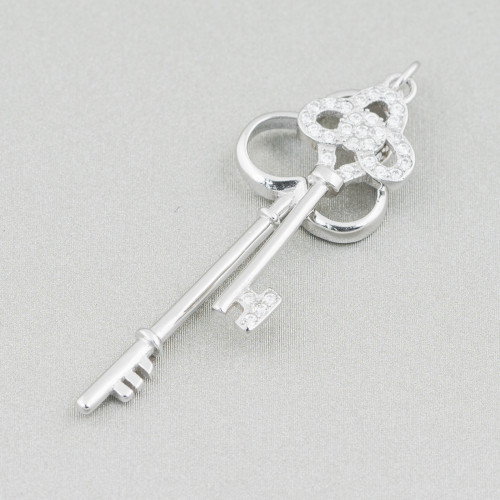 Pendant Of 925 Silver With Zircons Double Key 13x38mm 2pcs Rhodium Plated
