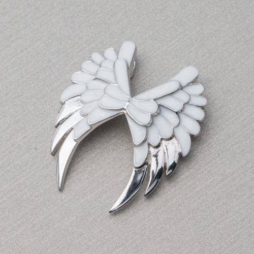 Pendant Of 925 Silver Enamelled Angel Wings 22x27mm White