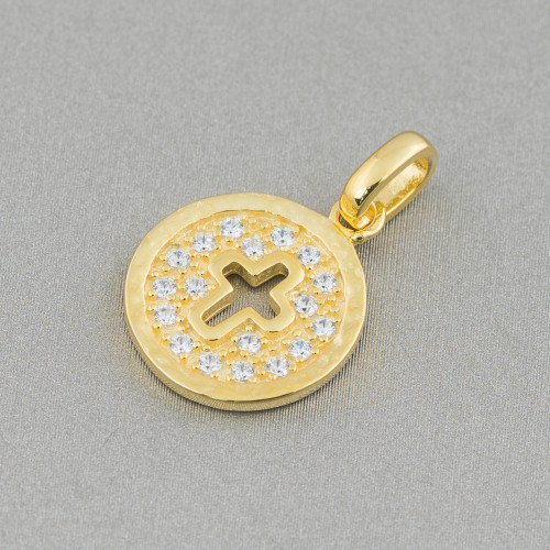 Ciondolo Pendenti Di Argento 925 Coin Lucido 13mm Con Zirconi Incastonati A Croce 5pz Dorato