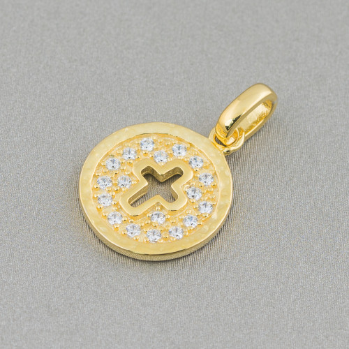 Pendant Pendants Of 925 Silver Shiny Coin 13mm With Zircons Set In A Cross 5pcs Golden