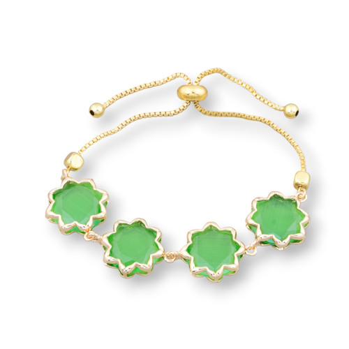 Bracciale Di Bronzo Con Occhio Di Gatto 16mm Incastonato Misura Regolabile Sali-Scendi Verde