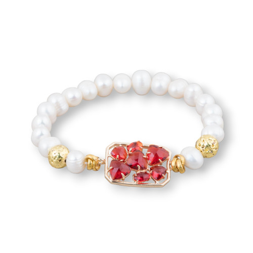 Bracelet Of Potato River Pearls 7.5-8.0mm With Hematite And Central Bronze With Red Golden Cat's Eye
