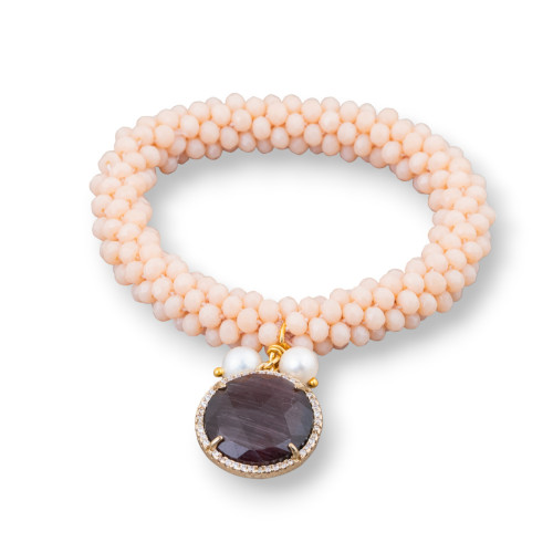 Elastic Bracelet With Intertwined Crystals And Pendant With Cat's Eye And Light Pink Zircons
