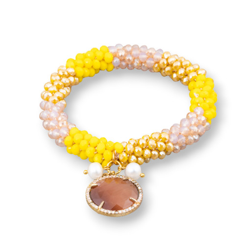 Elastic Bracelet With Intertwined Crystals And Pendant With Cat's Eye And Yellow Mix Zircons