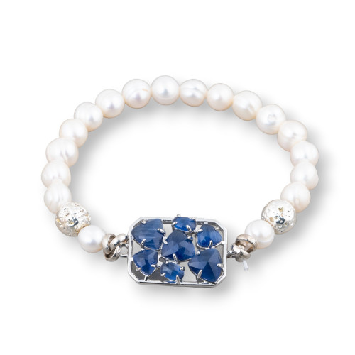 Bracelet de perles de rivière Potato 7,5-8,0 mm avec hématite et bronze central avec oeil de chat plaqué rhodium bleu