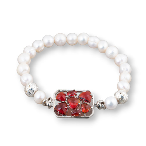 Bracelet Of Potato River Pearls 7.5-8.0mm With Hematite And Central Bronze With Red Rhodium-Plated Cat's Eye