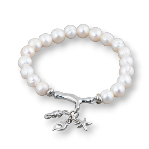 Elastic Bracelet With Freshwater Pearls And Central Brass Charms