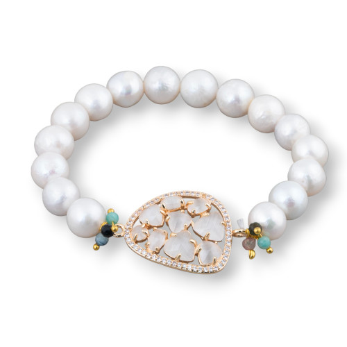 Elastic Bracelet Of Round River Pearls 10-10.5mm And Central With Mango Cabochon And White Golden Zircons