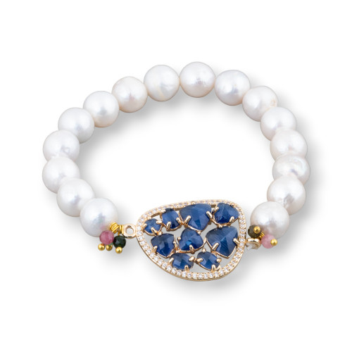 Bracelet Élastique De Perles De Rivière Rondes 10-10.5mm Et Centrale Avec Cabochon Mangue Et Zircons Dorés Bleus