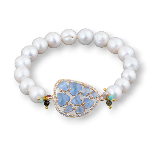 Bracelet élastique de perles de rivière rondes 10-10.5mm et centrale avec cabochon mangue et zircons dorés bleu clair