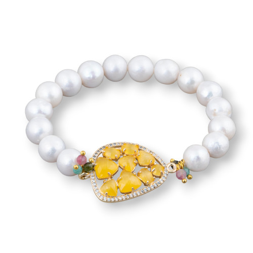 Bracelet élastique de perles de rivière rondes 10-10,5 mm et centrale avec cabochon mangue et zircons dorés jaunes
