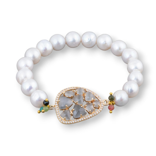 Elastic Bracelet Of Round River Pearls 10-10.5mm And Central With Mango Cabochon And Golden Gray Zircons