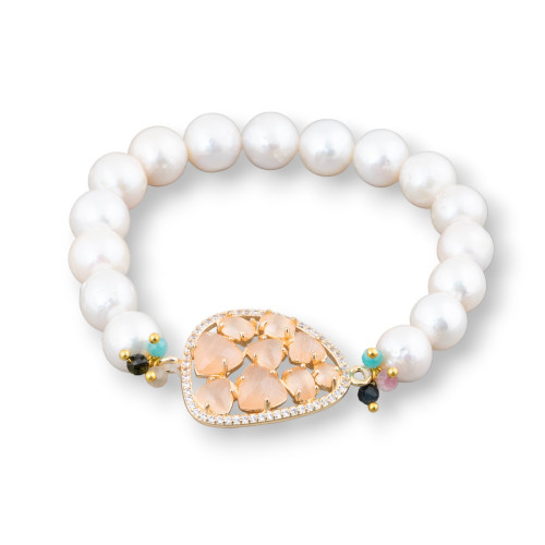 Bracelet Élastique De Perles De Rivière Rondes 10-10.5mm Et Centrale Avec Cabochon Mangue Et Zircons Pêche Dorés