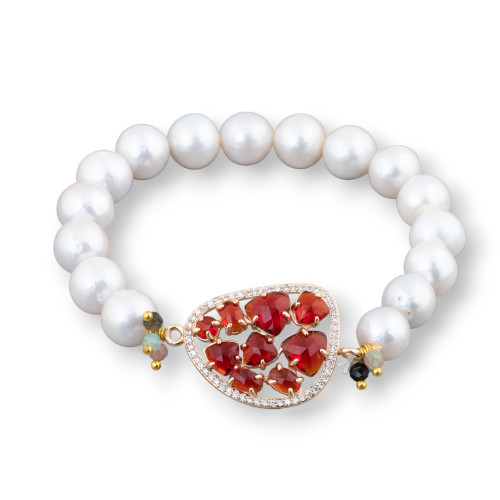 Elastic Bracelet Of Round River Pearls 10-10.5mm And Central With Mango Cabochon And Red Golden Zircons