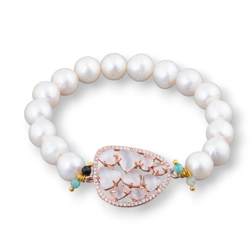 Bracelet Élastique De Perles De Rivière Rondes 10-10.5mm Et Centrale Avec Cabochon Mangue Et Zircons Or Rose Blanc