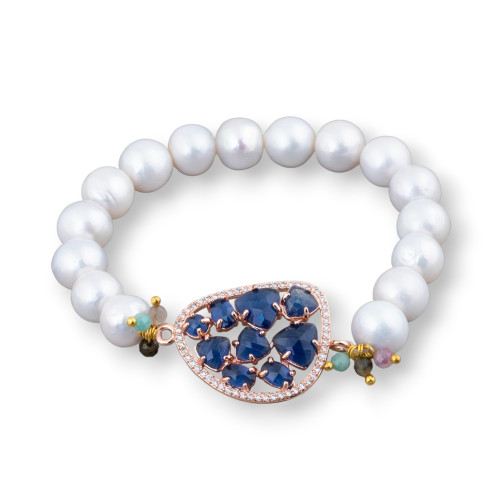 Elastic Bracelet Of Round River Pearls 10-10.5mm And Central With Mango Cabochon And Blue Rose Gold Zircons