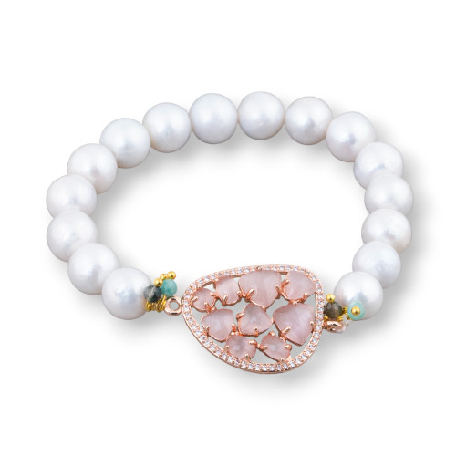 Elastic Bracelet Of Round River Pearls 10-10.5mm And Central With Mango Cabochon And Powder Rose Gold Zircons