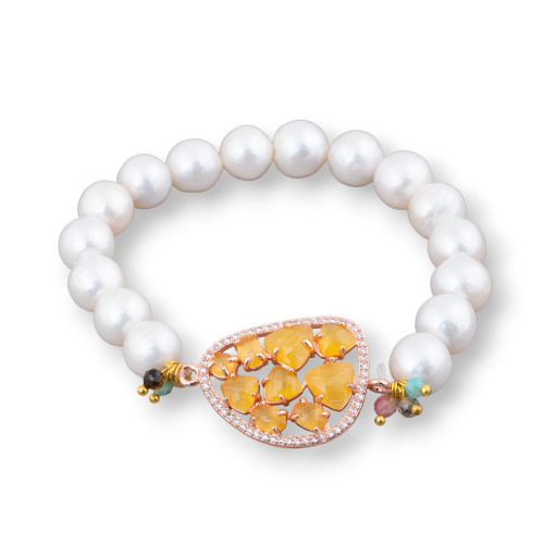 Elastic Bracelet Of Round River Pearls 10-10.5mm And Central With Mango Cabochon And Zircons Rose Gold Yellow
