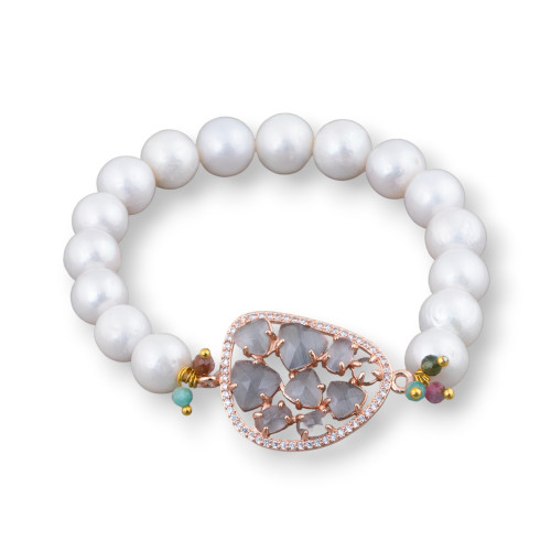 Bracciale Elastico Di Perle Di Fiume Tondo 10-10,5mm E Centrale Con Cabochon Mango E Zirconi Oro Rosa Grigio