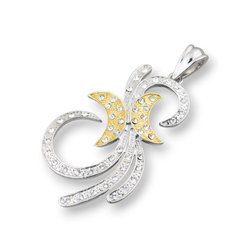 Brass Pendant Pendant With Crescents And Zircons 33x64mm Rhodium Plated