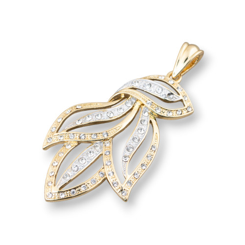 Brass Pendant Leaves With Zircons 34x67mm Golden