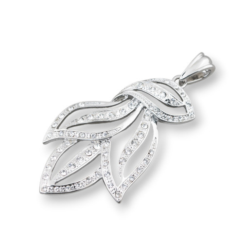 Brass Pendant Leaves With Zircons 34x67mm Rhodium Plated