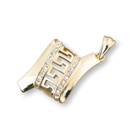 Brass Pendant Wavy Ribbon With Zircons 30x55mm Golden