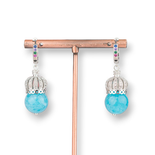 Closed Brass Earrings with Brass Crown and Semi-precious Stones 14x42mm Rhodium-Plated Angelite