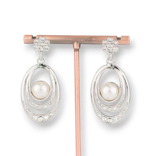 Ovale Ohrstecker aus Messing mit mallorquinischen Perlen und Zirkonen, 22 x 50 mm