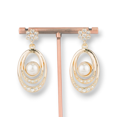 Oval Brass Stud Earrings With Majorca Pearls And Zircons 22x50mm Gold