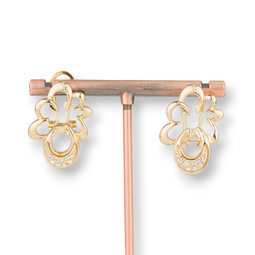 Stud Earrings with Brass Leaf Clip with Zircons 18x27mm Gold