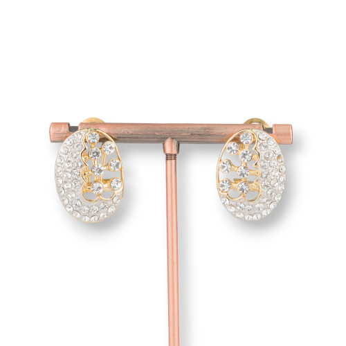 Stud Earrings With Oval Brass Clip With Zircons 17x23mm Gold