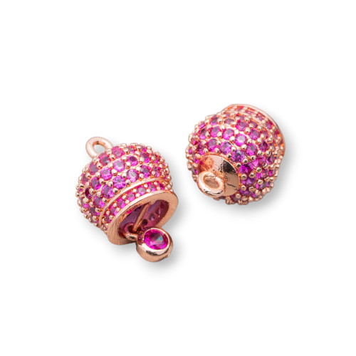 Composant Pendentif Bronze Cloches Appelant Les Anges Avec Pavé Zircons Multicolores 10mm 6pcs Or Rose Rubis