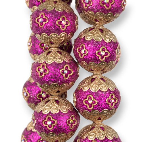 Baroque Style Ceramic Balls 23mm 13pcs Golden Fuchsia MOD1