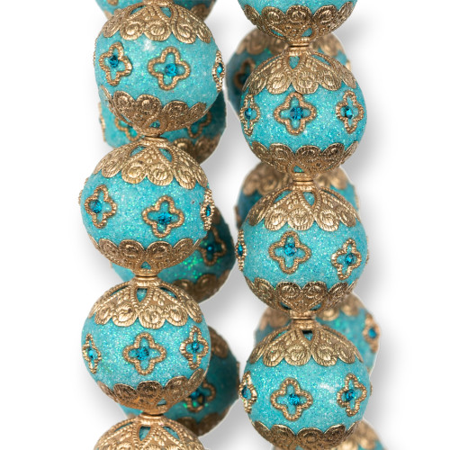 Boules Céramique Style Baroque 23mm 13pcs Turquoise Doré MOD1