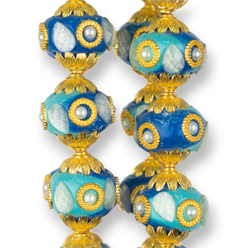 Boules Céramique Style Baroque 23x25mm 13pcs Doré Turquoise Bleu Mix MOD2