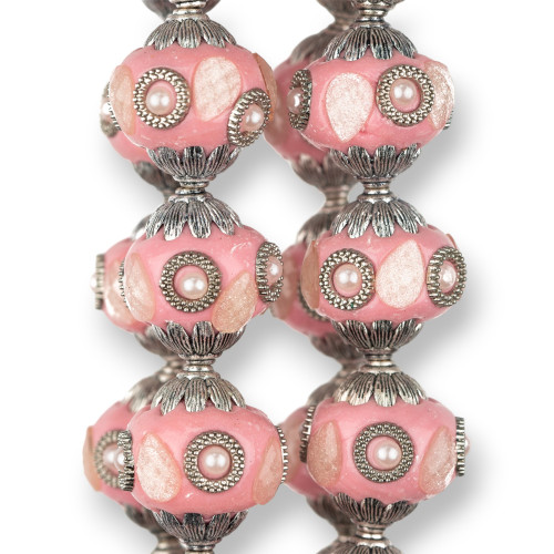 Baroque Style Ceramic Balls 23x25mm 13pcs Rhodium Plated Pink MOD2