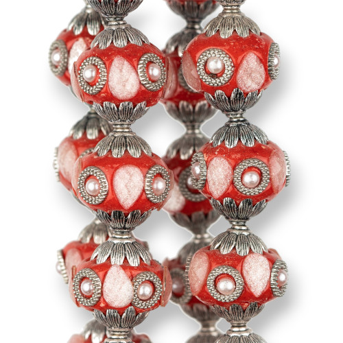 Baroque Style Ceramic Balls 23x25mm 13pcs Red Rhodium Plated MOD2