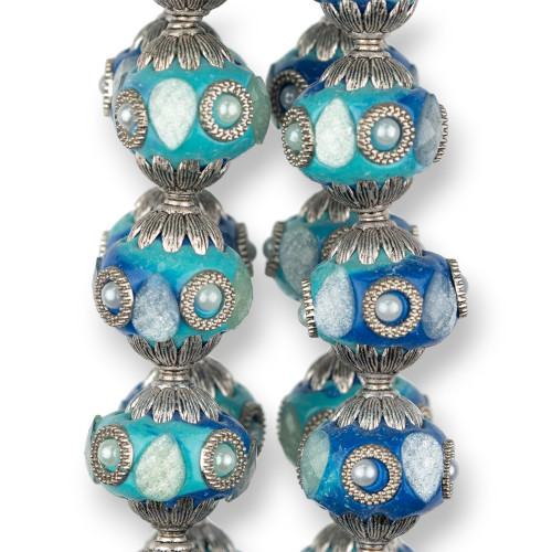 Baroque Style Ceramic Balls 23x25mm 13pcs Rhodium-plated Turquoise Blue Mix MOD2