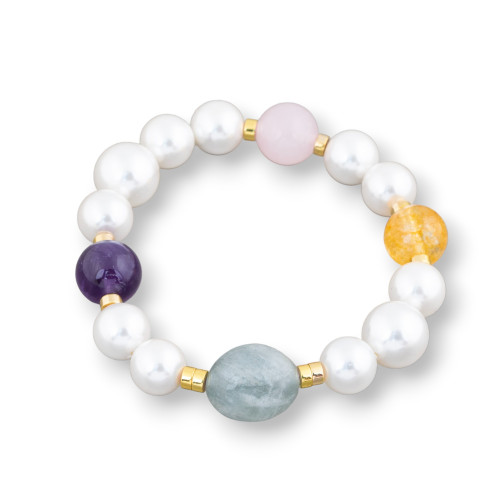 Elastic Bracelet Of White Mallorcan Pearls With Rose Quartz, Amethyst, Citrine, Aquamarine And Hematite Golden 10-12mm
