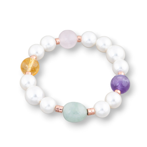 Elastisches Armband aus weißen mallorquinischen Perlen mit Rosenquarz, Amethyst, Citrin, Aquamarin und rosa Hämatit, 10–12 mm